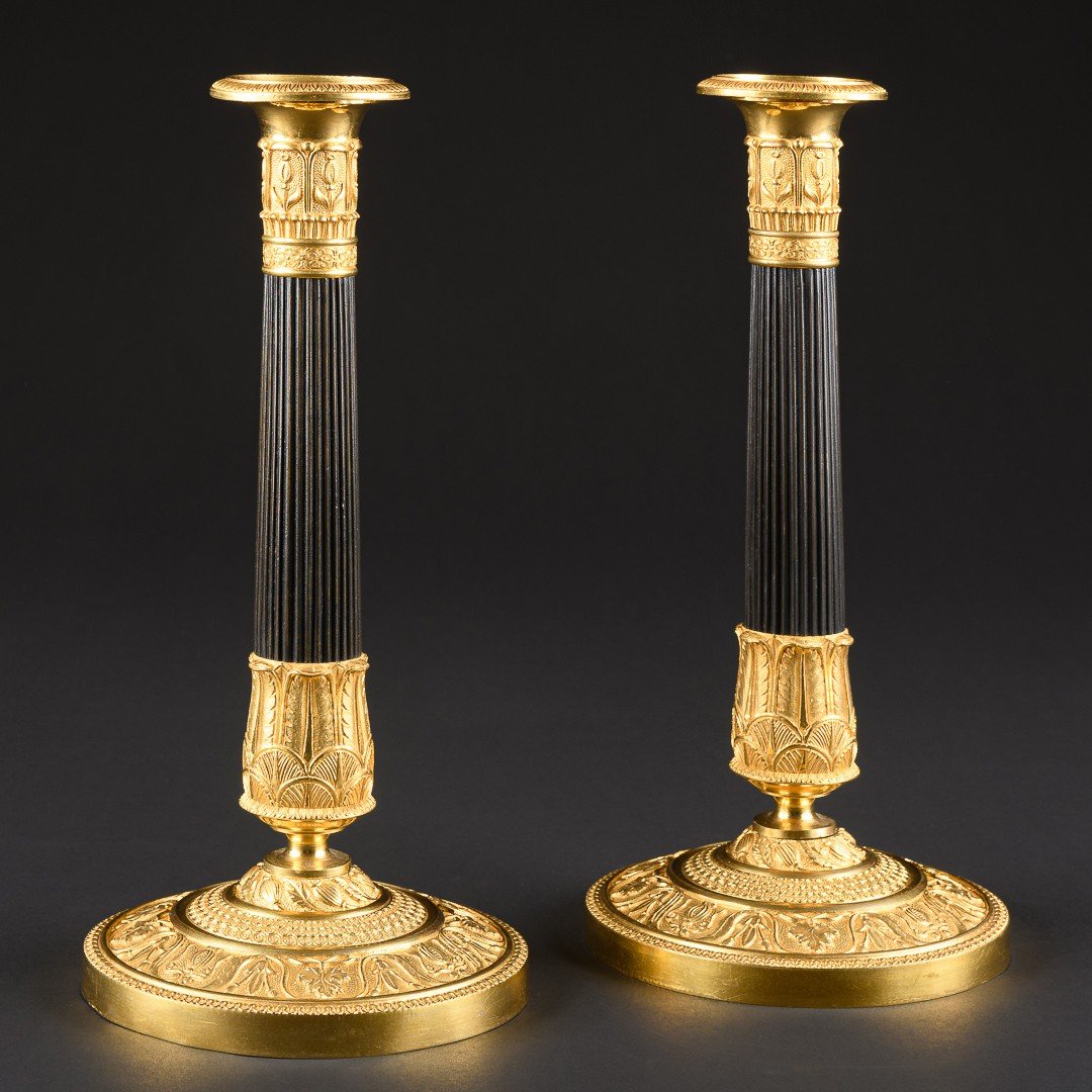 Signé Gérard -Jean Galle - Rare Paire De Bougeoirs Empire Raffinés-photo-2