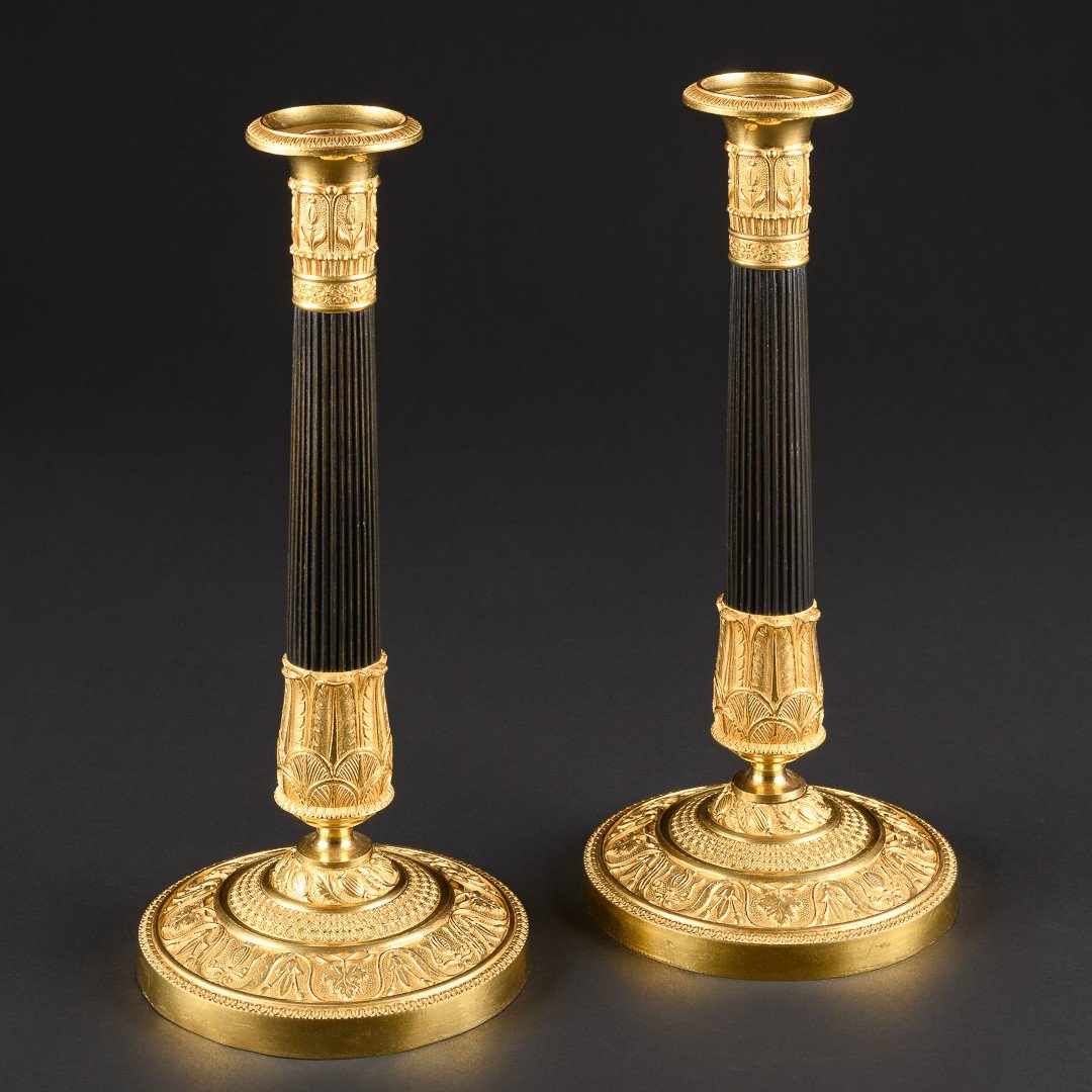 Signé Gérard -Jean Galle - Rare Paire De Bougeoirs Empire Raffinés-photo-2