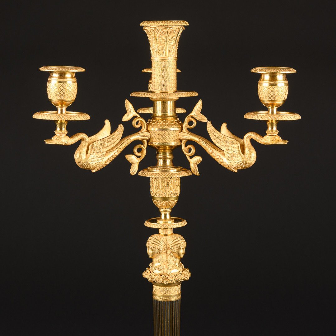 Claude Galle - Superb Pair Of Empire Period Candelabra With Female Figures And Swans-photo-4