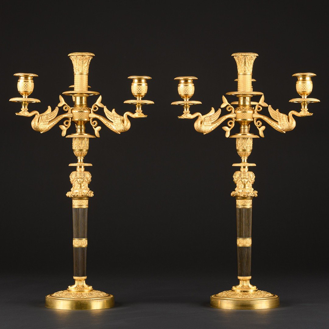 Claude Galle - Superb Pair Of Empire Period Candelabra With Female Figures And Swans
