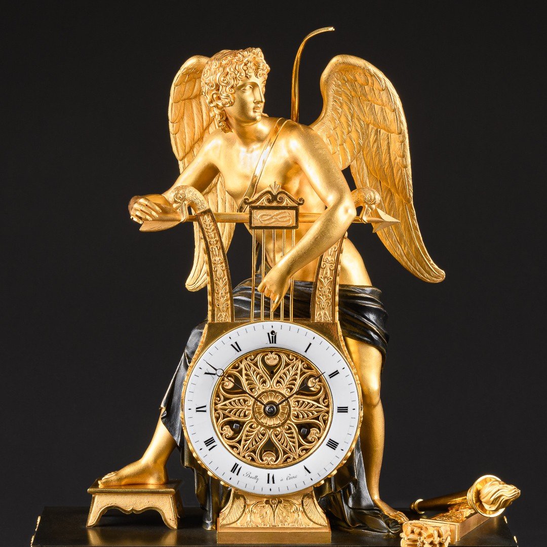 Attributed To Claude Galle  - Exquisite Empire Clock “ Eros Plucking His Lyre ” -photo-2