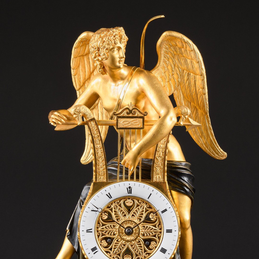 Attributed To Claude Galle  - Exquisite Empire Clock “ Eros Plucking His Lyre ” -photo-3