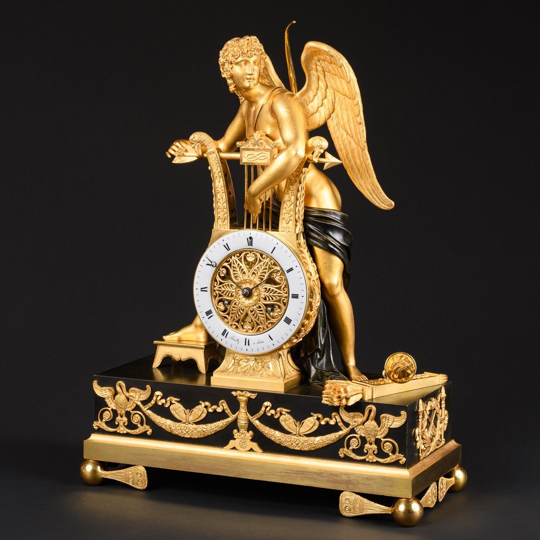 Attributed To Claude Galle  - Exquisite Empire Clock “ Eros Plucking His Lyre ” -photo-3