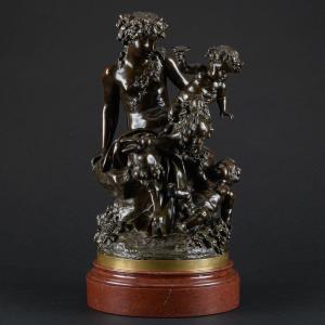 Large Refined Bronze Sculpture “ Faunesse With Child And Bacchus ” Signed Clodion  (1738-1814)