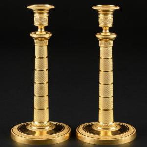 Large Pair Of French Empire Candlesticks With Guilloche Motifs 