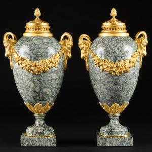 Large Pair Of Louis XVI Style Marble And Gilt Bronze Cassolettes