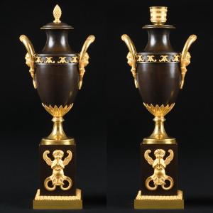 Rare Paire de cassolettes / bougeoirs à double usage d’époque Consulat (1799-1804)