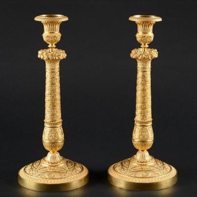 Attributed To Gérard-jean Galle - Extremely Large Rare Pair Of Gilt Bronze Empire Candlesticks H 36