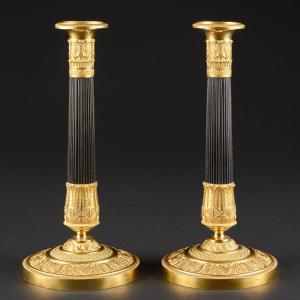 Signed Gérard - Jean Galle -  Refined Rare Pair Of Empire Candlesticks