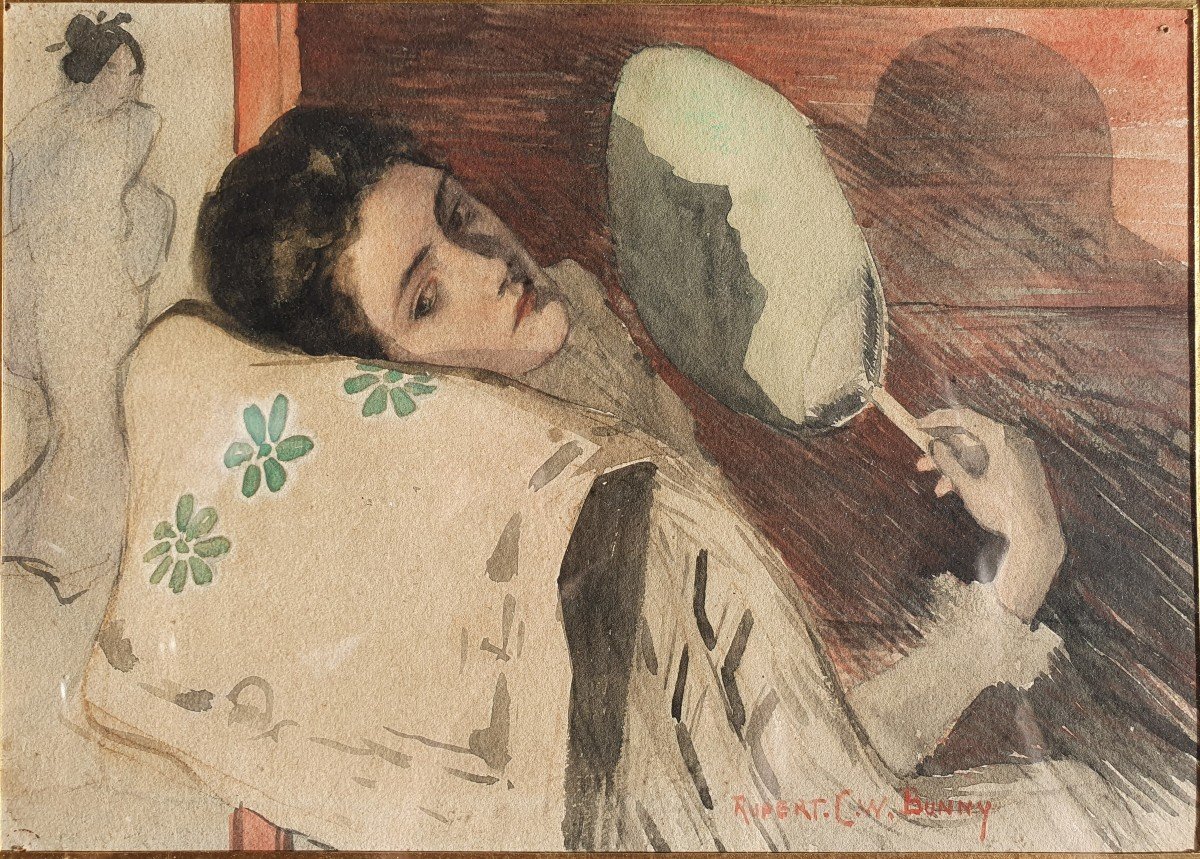 Rupert Bunny (1864 - 1947), Jeanne Morel Aquarelle Japoniste, Préraphaélite Signée