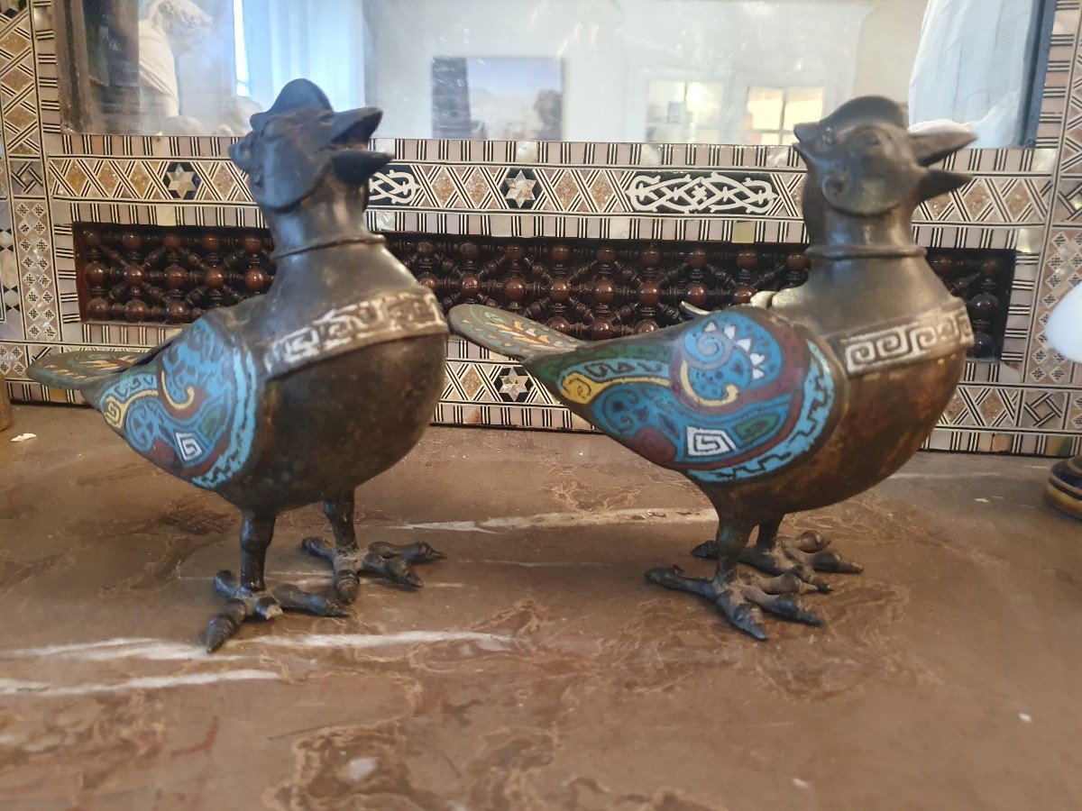 Rare Paire d'Oiseaux Brûle Parfum En Bronze Cloisonné Chine XIXe-photo-2