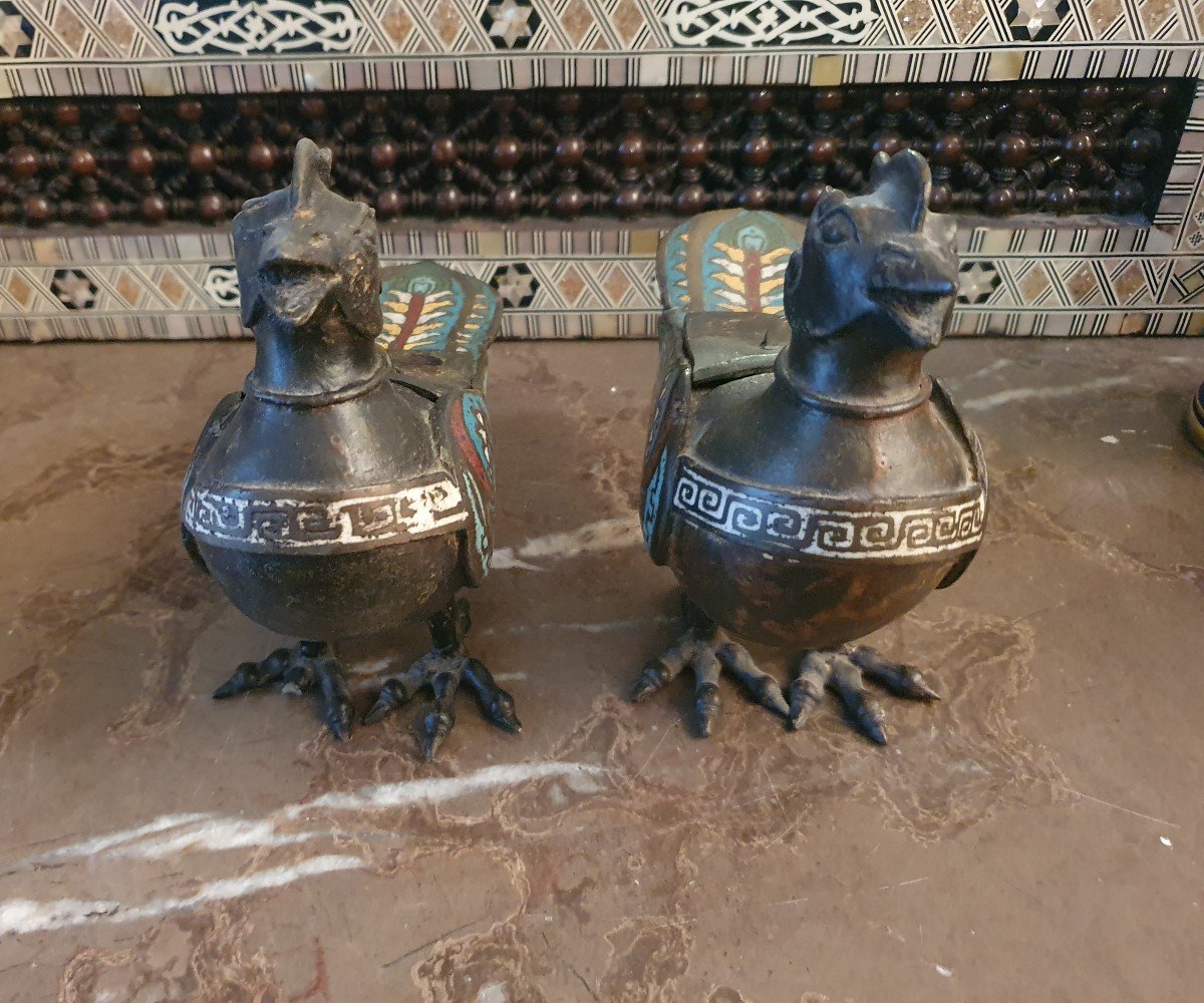Rare Paire d'Oiseaux Brûle Parfum En Bronze Cloisonné Chine XIXe-photo-3