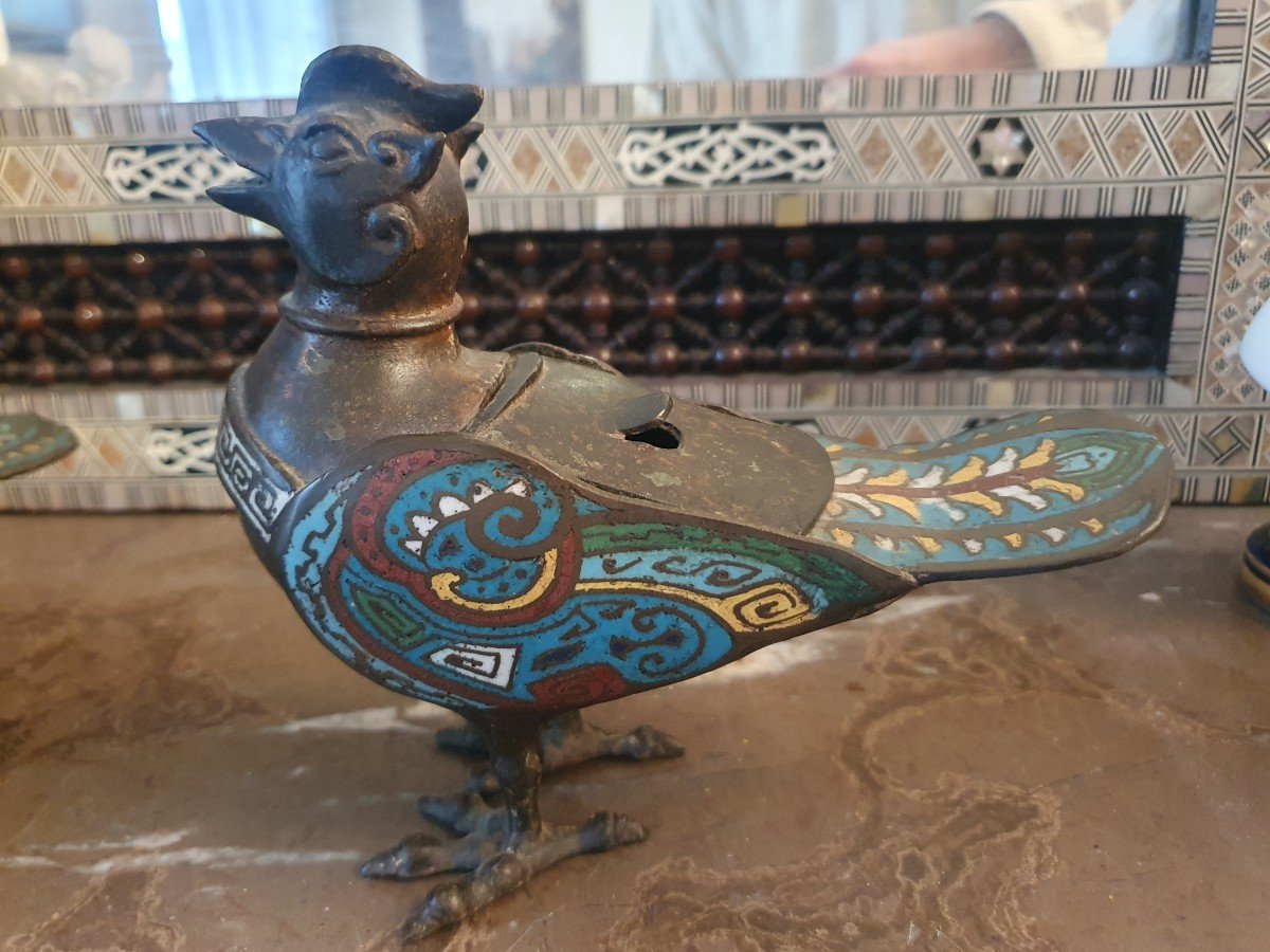 Rare Paire d'Oiseaux Brûle Parfum En Bronze Cloisonné Chine XIXe-photo-4