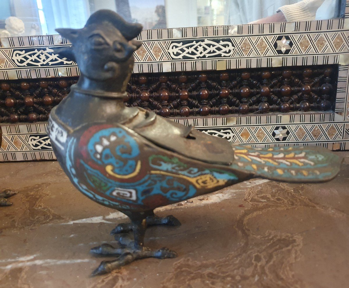 Rare Paire d'Oiseaux Brûle Parfum En Bronze Cloisonné Chine XIXe-photo-2