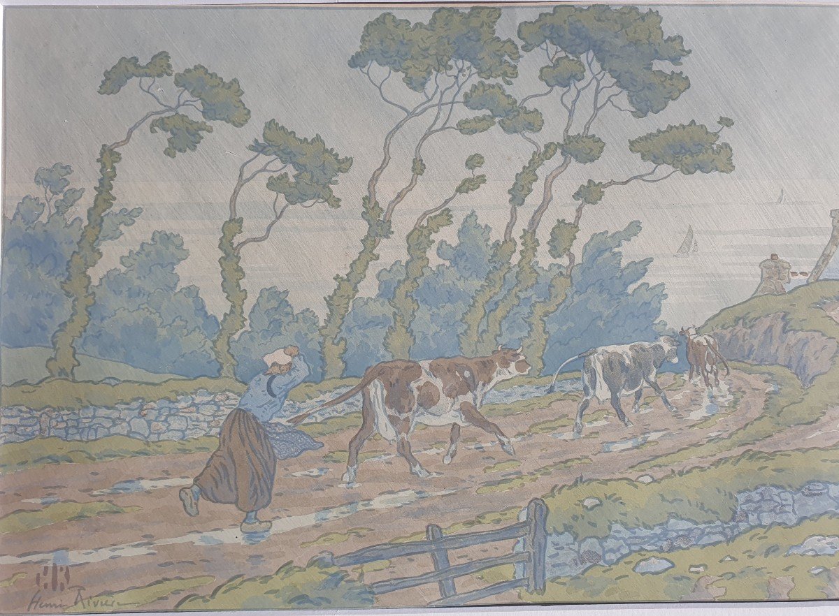Lithograph Henri Riviere Bretagne 1906 “l'averse” Series “la Féérie Des Heures”-photo-3