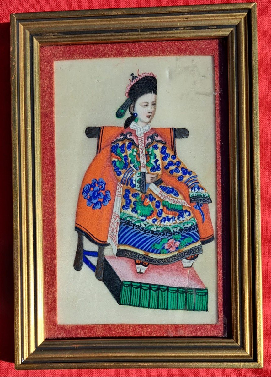 Empereur Et Impératrice Qing Paire De Gouaches Chinoises Sur Papier De Riz-photo-3