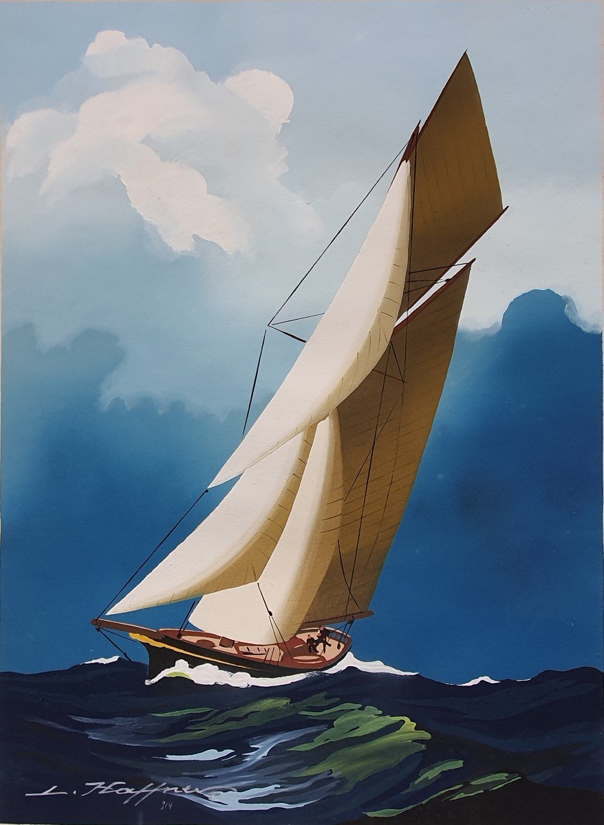 Two Gouaches Signed Léon Haffner Official Painter Of The Navy Regate Sailboat-photo-2