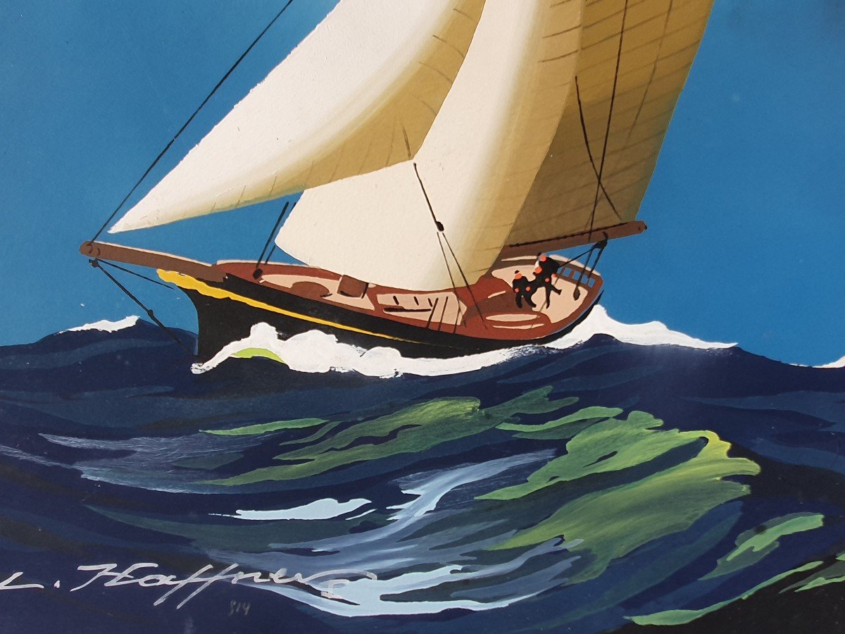 Two Gouaches Signed Léon Haffner Official Painter Of The Navy Regate Sailboat-photo-2