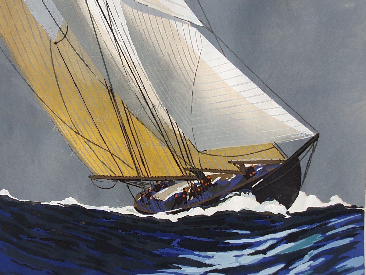 Two Gouaches Signed Léon Haffner Official Painter Of The Navy Regate Sailboat-photo-3