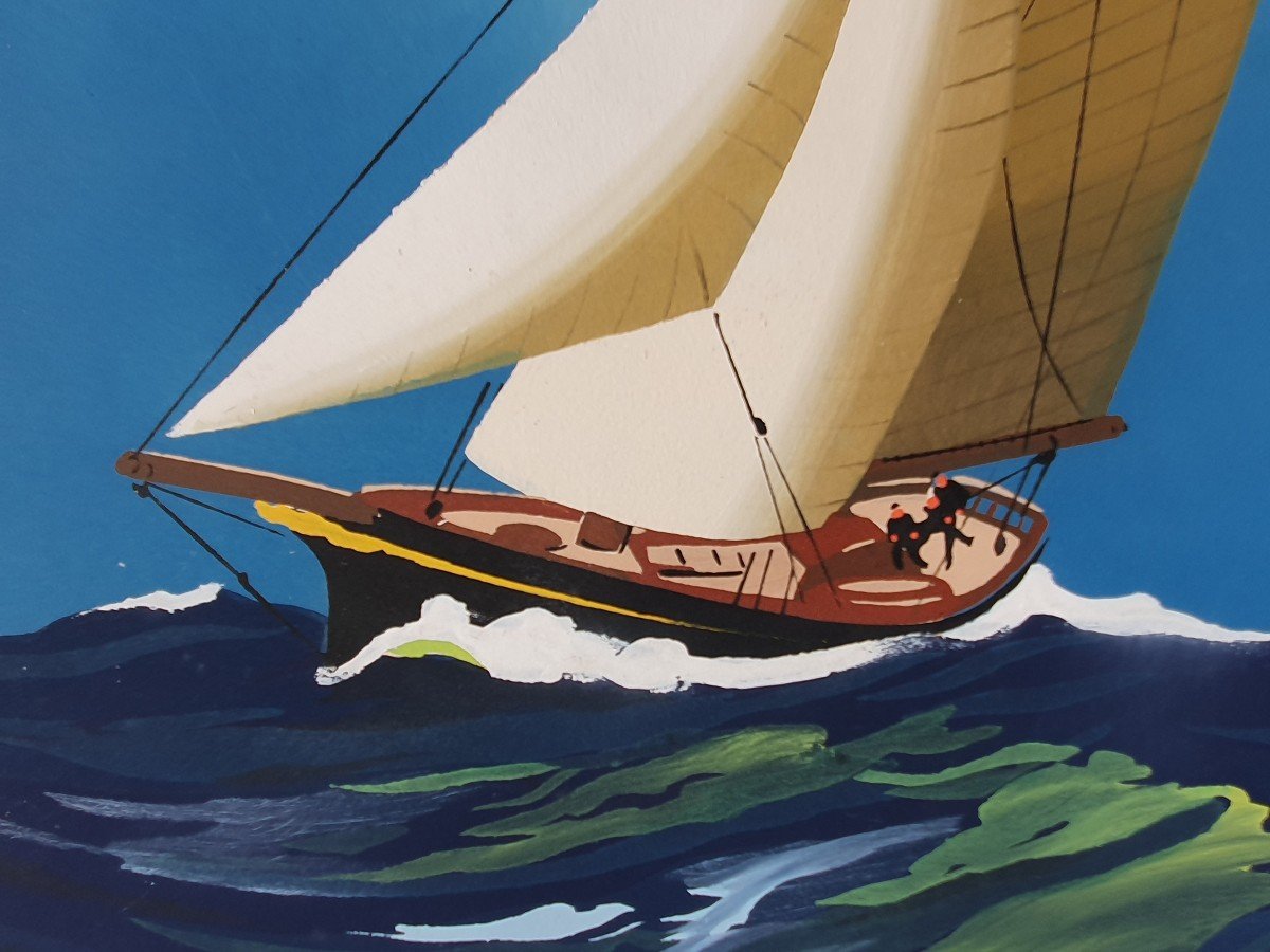 Two Gouaches Signed Léon Haffner Official Painter Of The Navy Regate Sailboat-photo-8