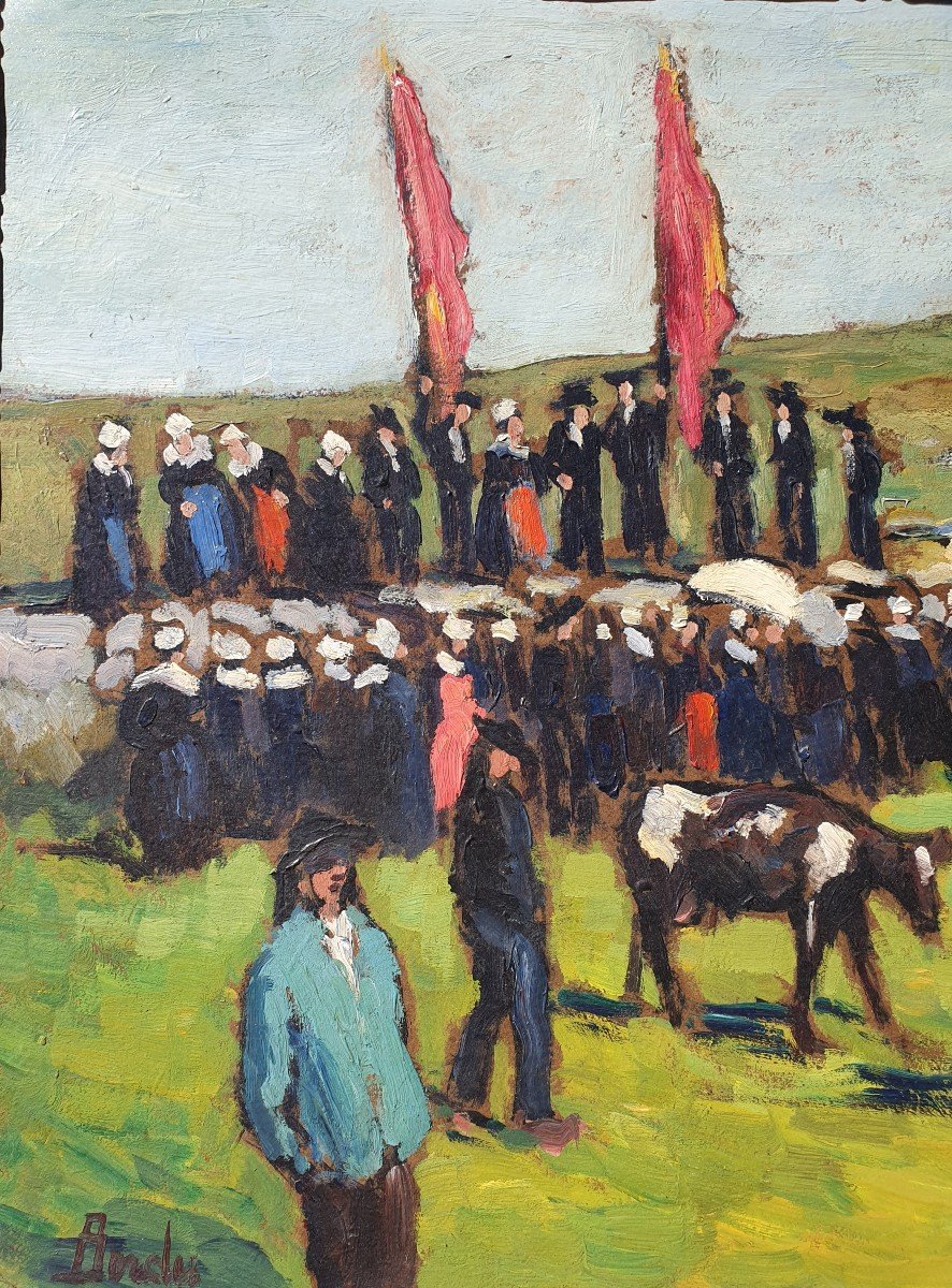 Grand Tableau Pardon Breton, Leonard Bordes (1898-1969) Ecole De Rouen F&ecirc;te En Bretagne Carnac-photo-3