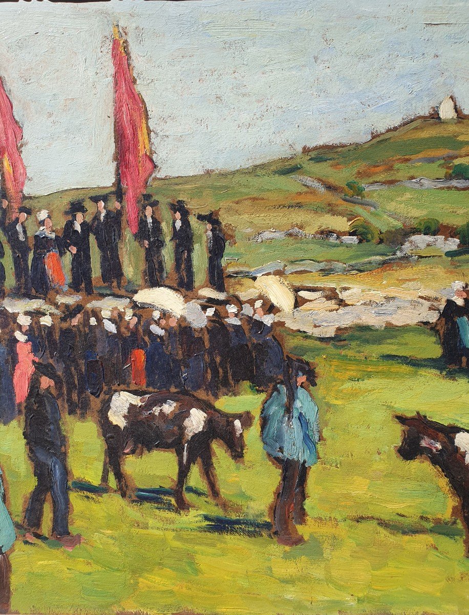 Grand Tableau Pardon Breton, Leonard Bordes (1898-1969) Ecole De Rouen F&ecirc;te En Bretagne Carnac-photo-4