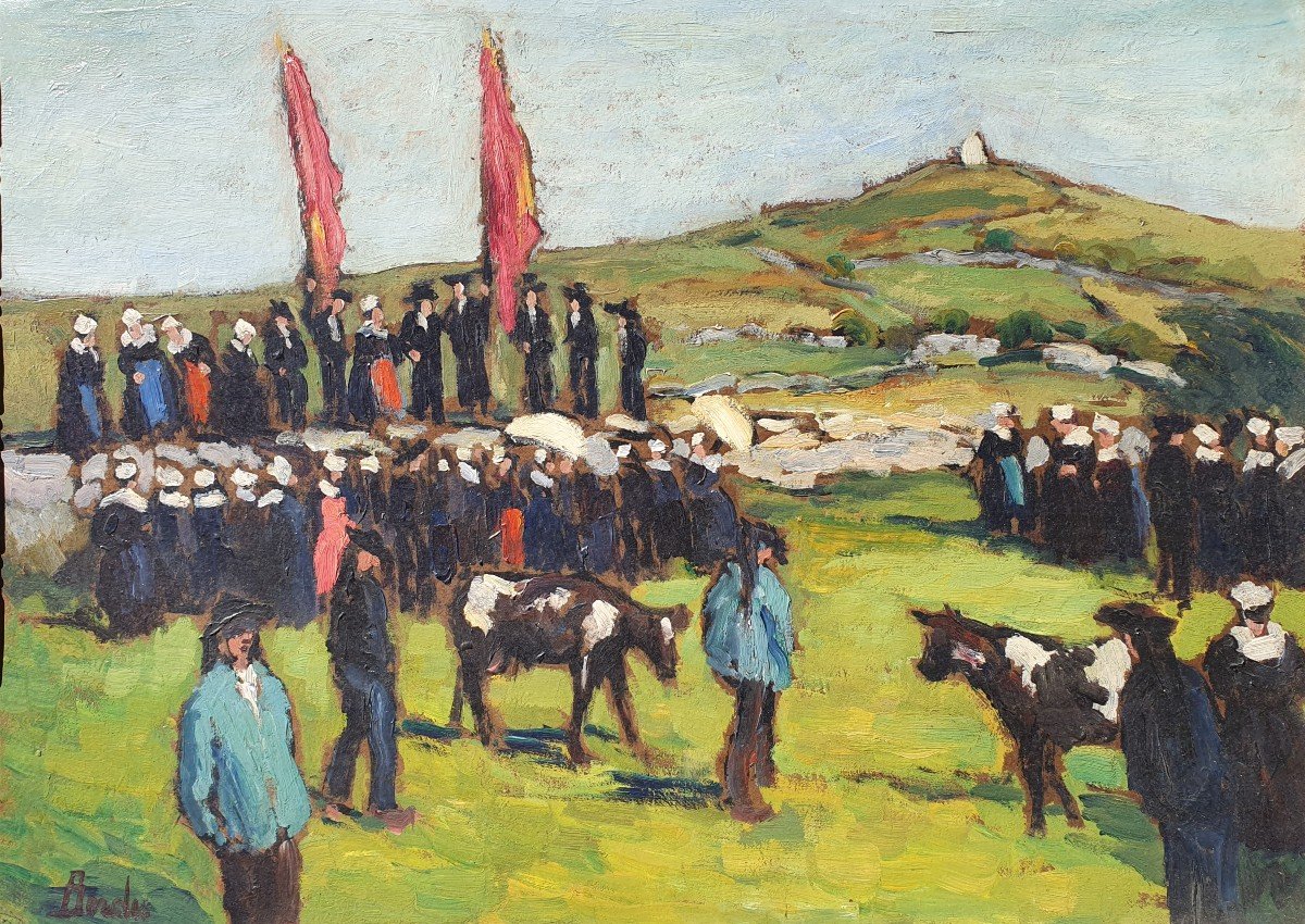 Grand Tableau Pardon Breton Leonard Bordes (1898-1969) Rouen School Holidays In Brittany Carnac