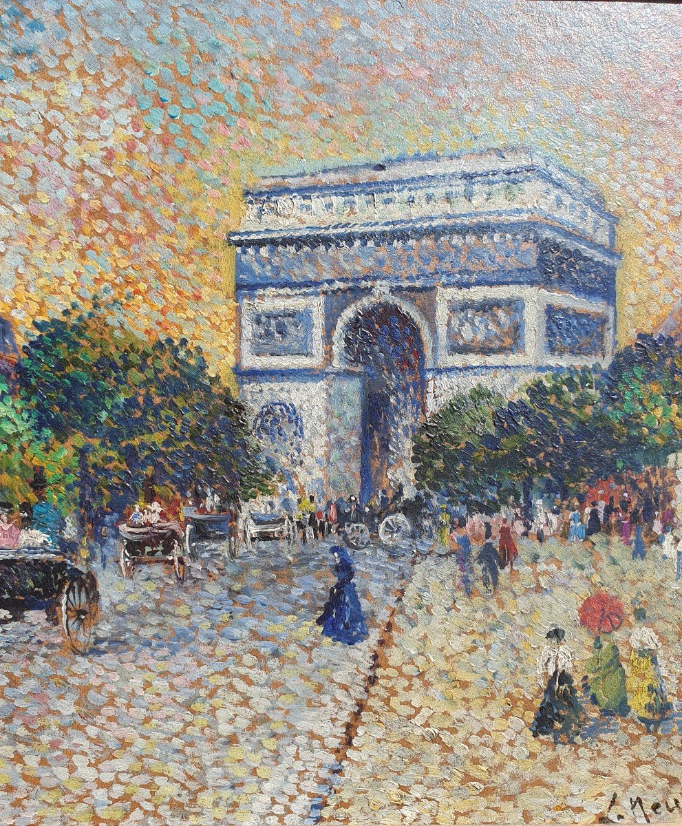 Lucien Neuquelman (1909-1988) Pointillist Painting By  Arc De Triomphe Champs-elysées Paris-photo-2