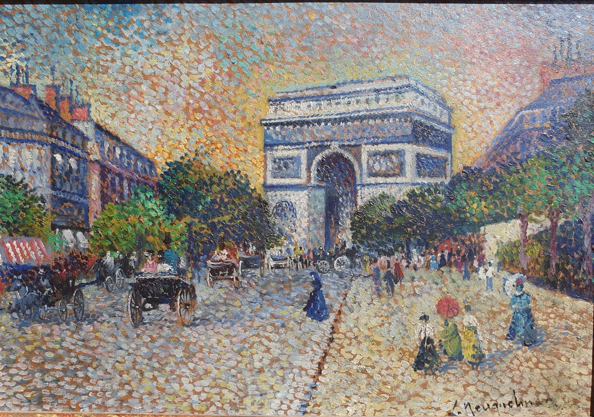 Lucien Neuquelman (1909-1988) Pointillist Painting By  Arc De Triomphe Champs-elysées Paris
