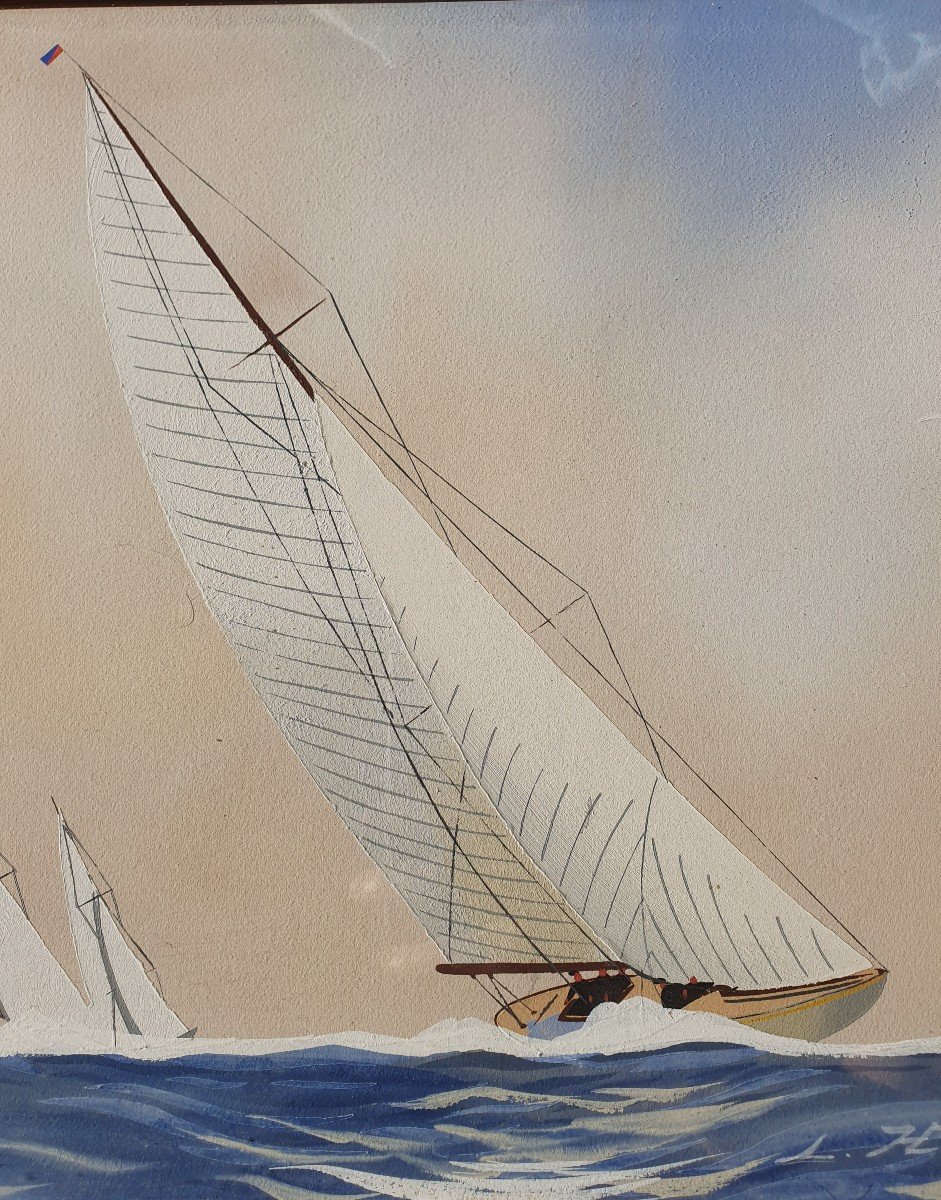 Superb Gouache Signed Léon Haffner Official Painter Of The Navy Regate Sailboat-photo-2
