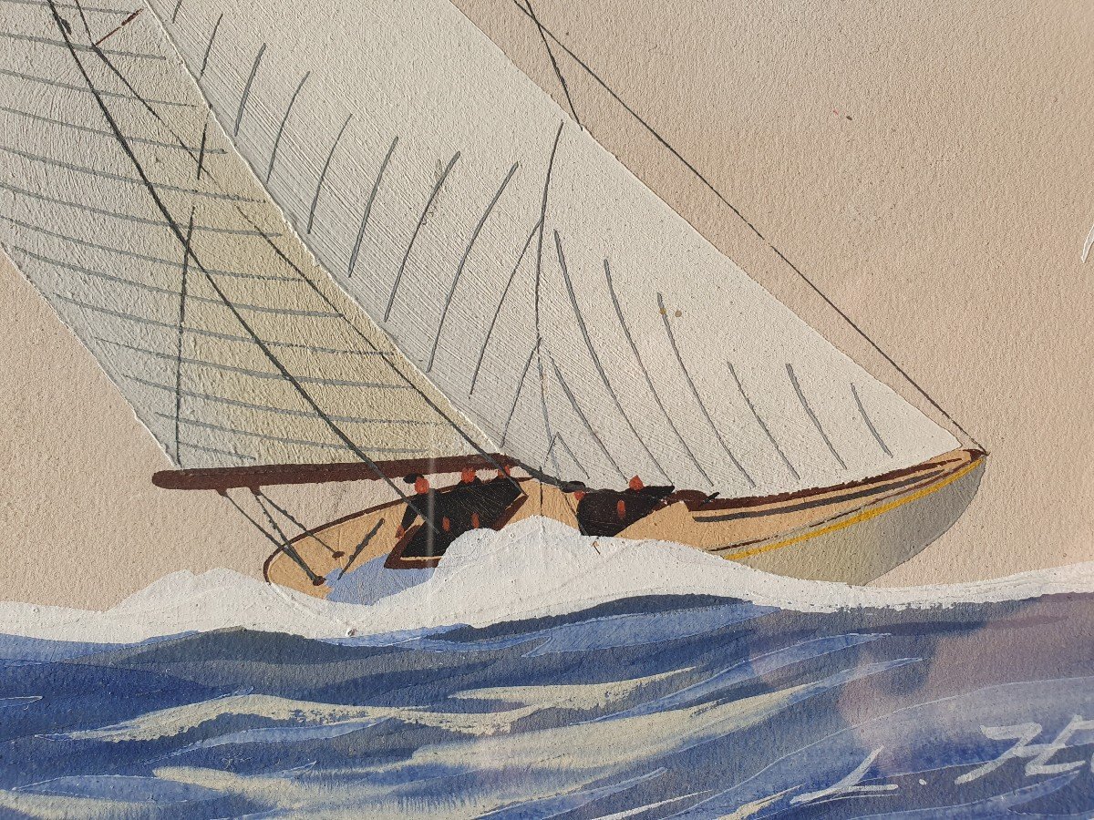 Superb Gouache Signed Léon Haffner Official Painter Of The Navy Regate Sailboat-photo-4