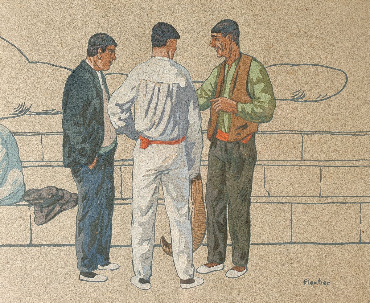 Louis Floutier (1882-1936) Rare Gouache Pelotari Pays-Basque Pochoir Pelote Basque -photo-2