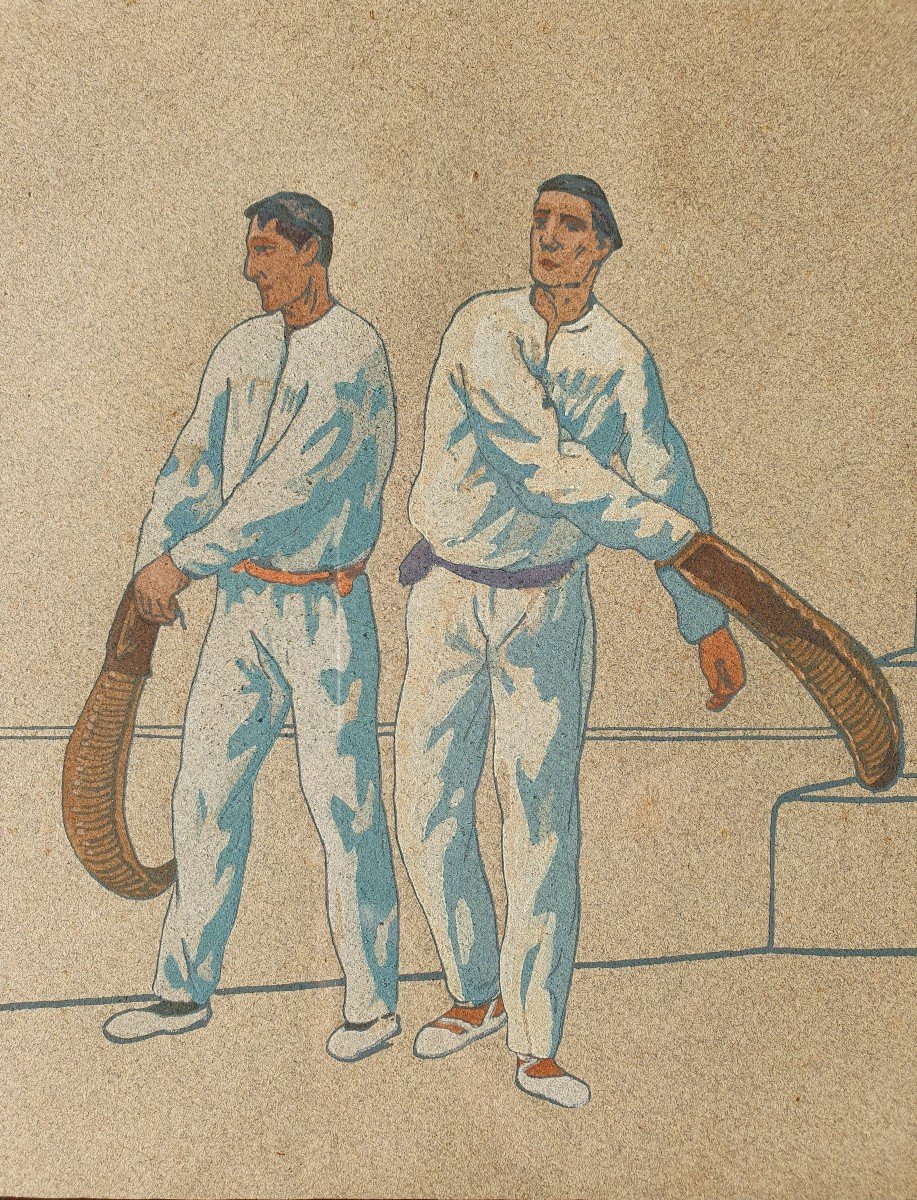 Louis Floutier (1882-1936) Rare Gouache Pelotari Pays-Basque Pochoir Pelote Basque -photo-4