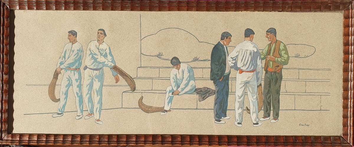 Louis Floutier (1882-1936) Rare Gouache Pelotari Pays-Basque Pochoir Pelote Basque 