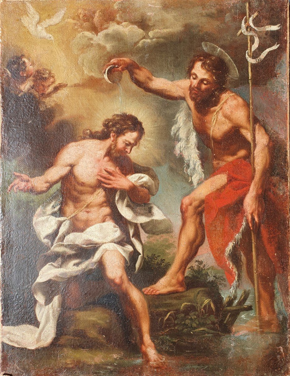 Religious Painting Baptism Of Christ By Saint John The Baptist Italian School Baroque 18th Century