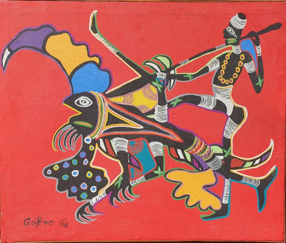 Marcel Gotène (1939-2013) Ecole De Poto-Poto Brazzaville Congo Tableau Africain 