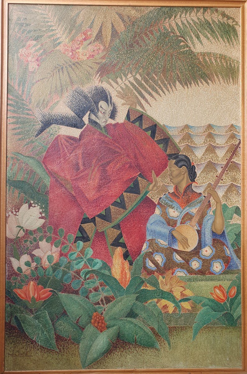 Very Large Art Deco Panel Signed André David Asia Japan (1930) Sliding Door
