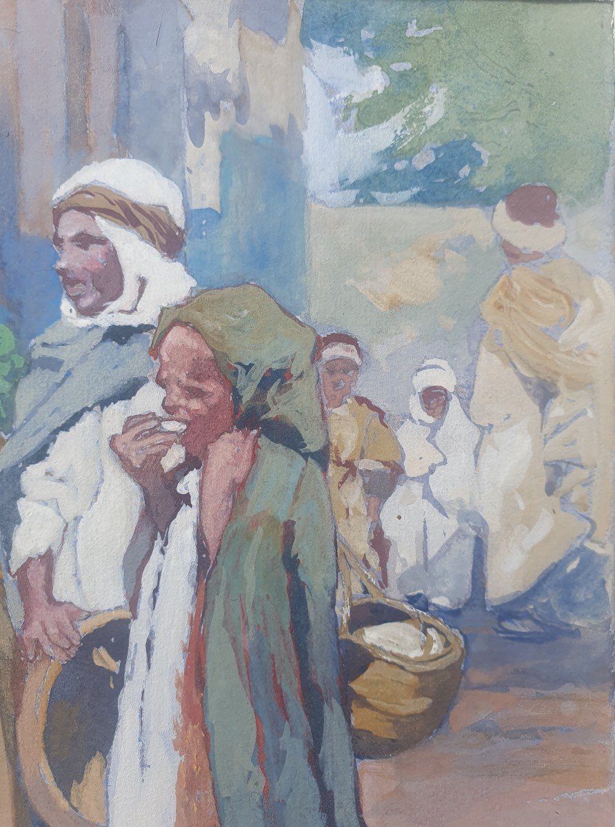 Léon Cauvy (1874-1933) Gouache Orientaliste Marché Arabe Algerie-photo-2
