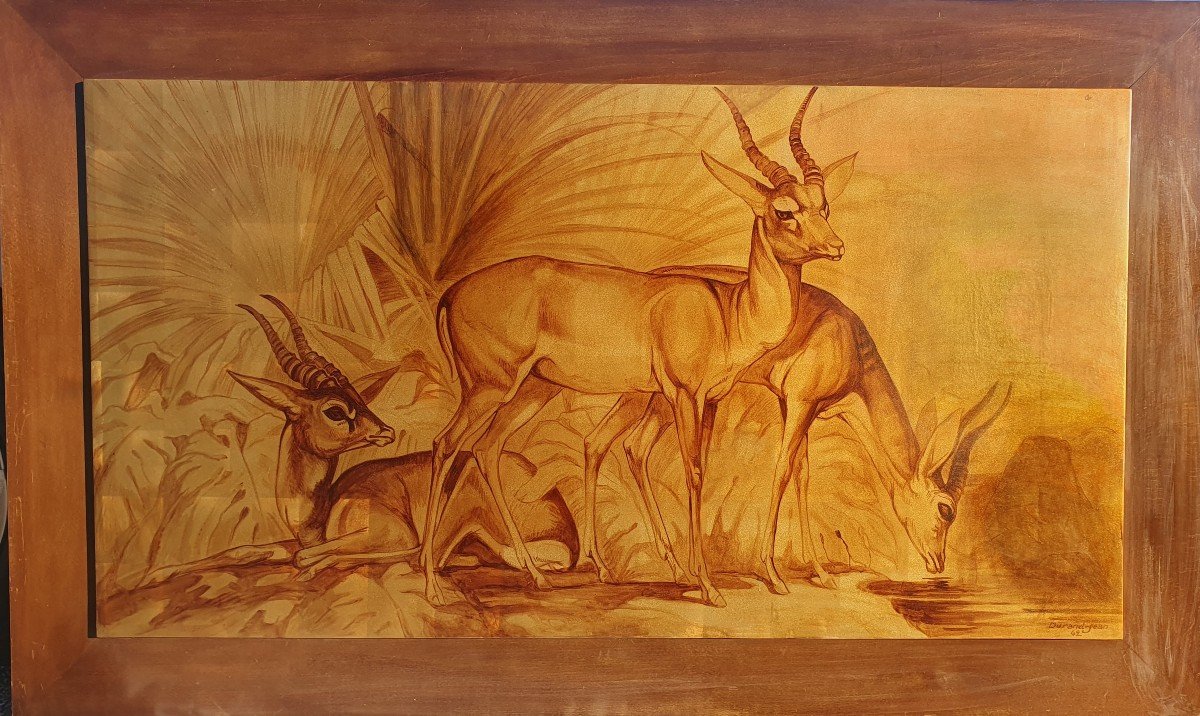 Jean Durand (1894-1977) Large Art Deco Lacquer Panel Impala Gazelles Orientalist -photo-2