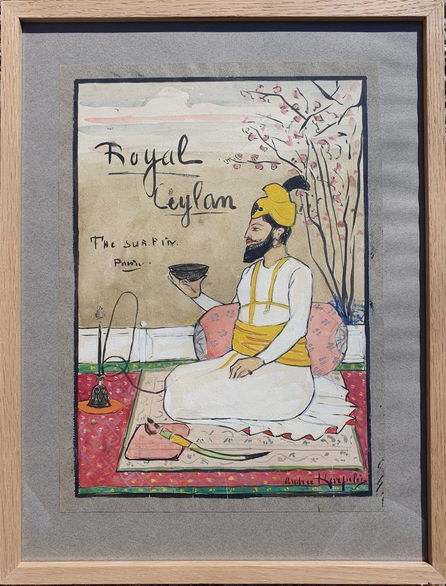 Andrée Karpelès (1885-1956) Tableau Inde Projet Publicité Thé Royal Ceylan Art Deco -photo-4
