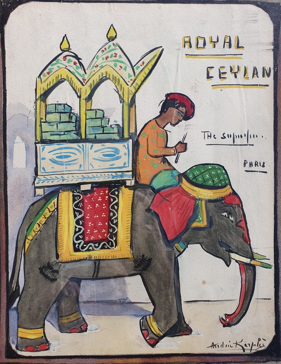 Andrée Karpelès (1885-1956) Tableau Inde Projet Publicité Thé Royal Ceylan Art Deco -photo-5