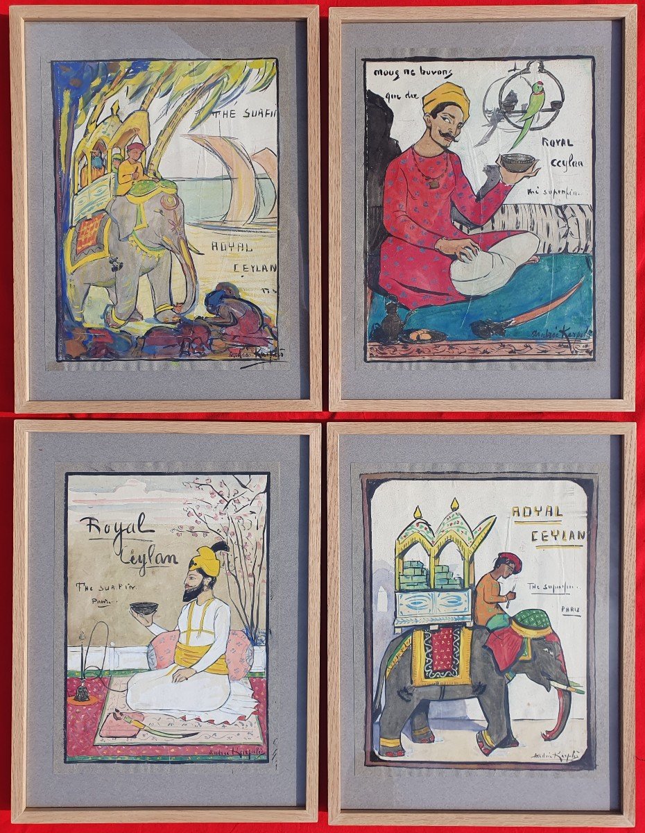 Andrée Karpelès (1885-1956) Tableau Inde Projet Publicité Thé Royal Ceylan Art Deco 
