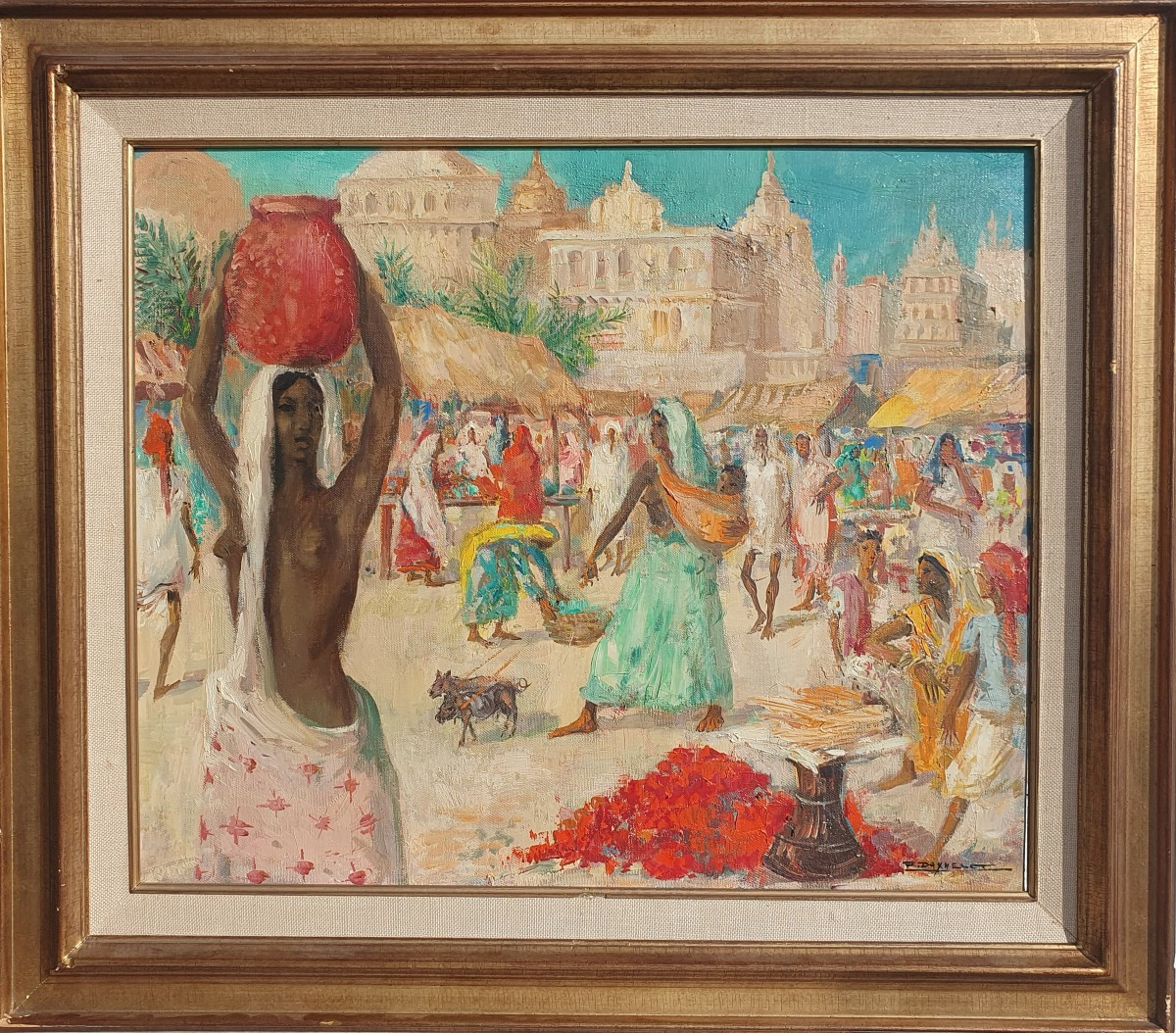 Paul Daxhelet (1905-1993) Marché à Bénares Tableau Inde Peintre Voyageur Belge-photo-2