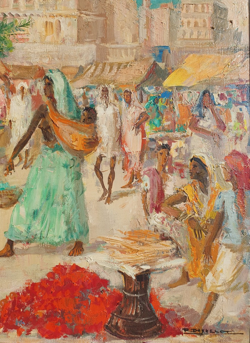 Paul Daxhelet (1905-1993) Marché à Bénares Tableau Inde Peintre Voyageur Belge-photo-3