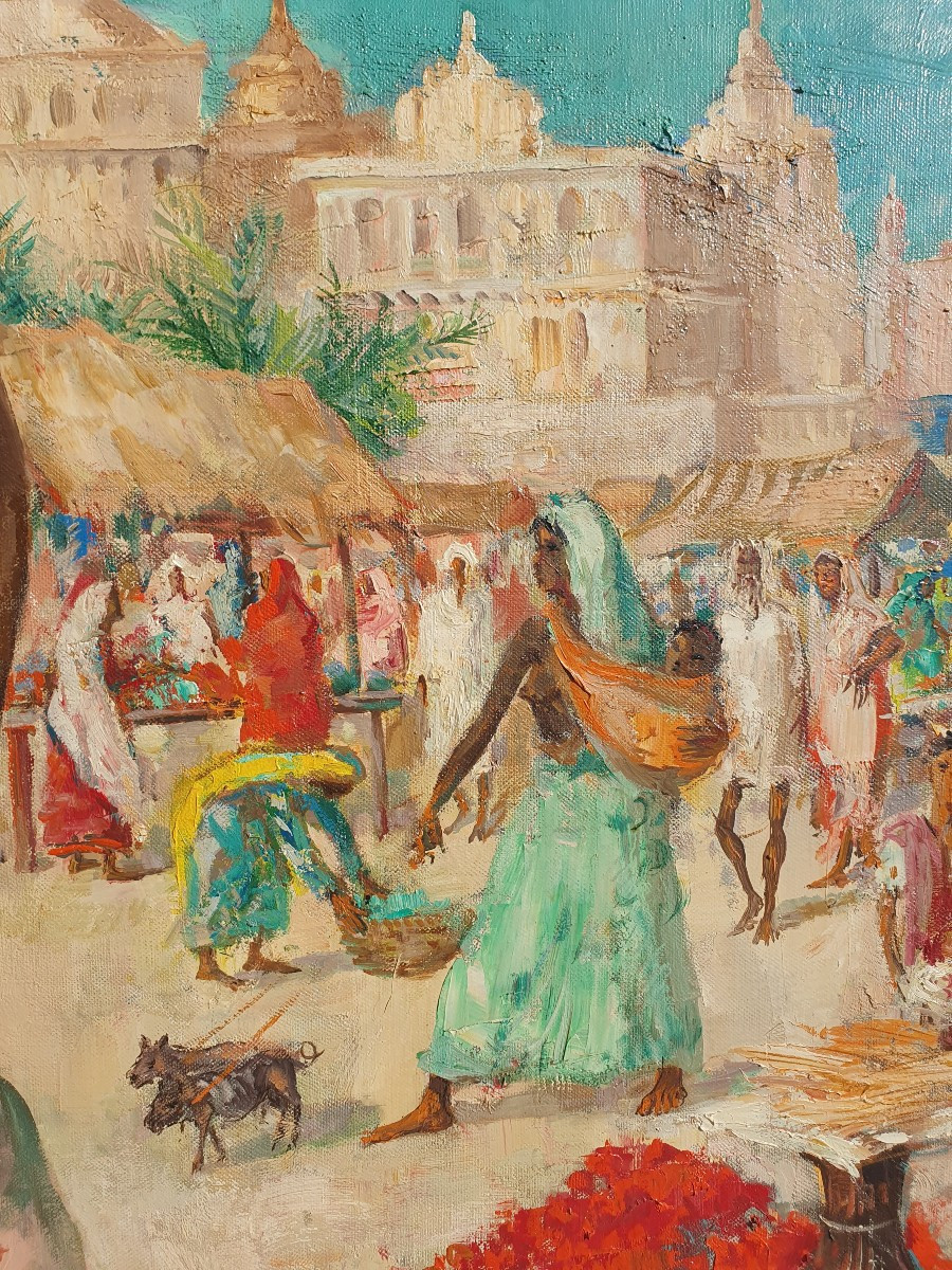 Paul Daxhelet (1905-1993) Marché à Bénares Tableau Inde Peintre Voyageur Belge-photo-1