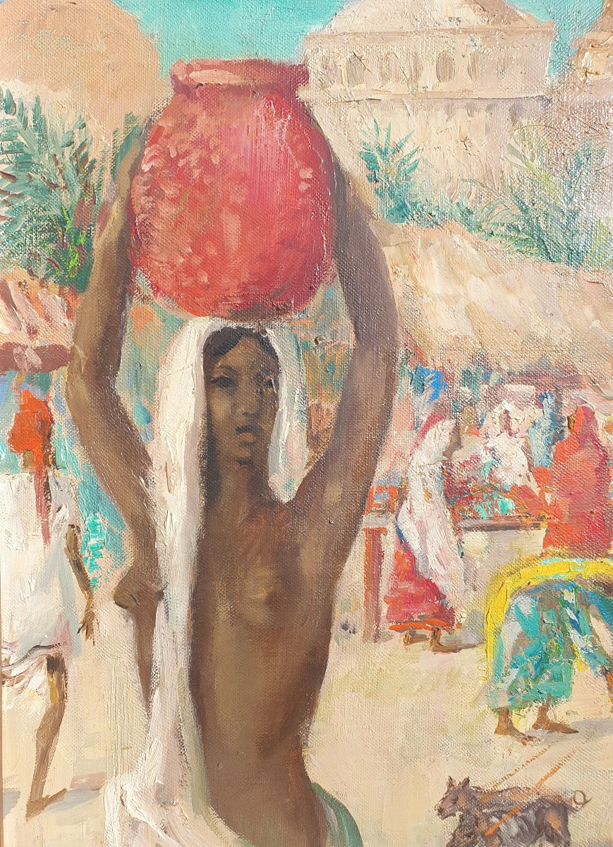 Paul Daxhelet (1905-1993) Marché à Bénares Tableau Inde Peintre Voyageur Belge-photo-2
