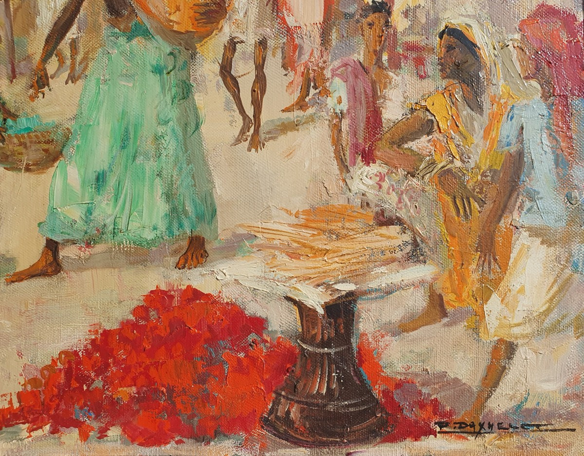 Paul Daxhelet (1905-1993) Marché à Bénares Tableau Inde Peintre Voyageur Belge-photo-3