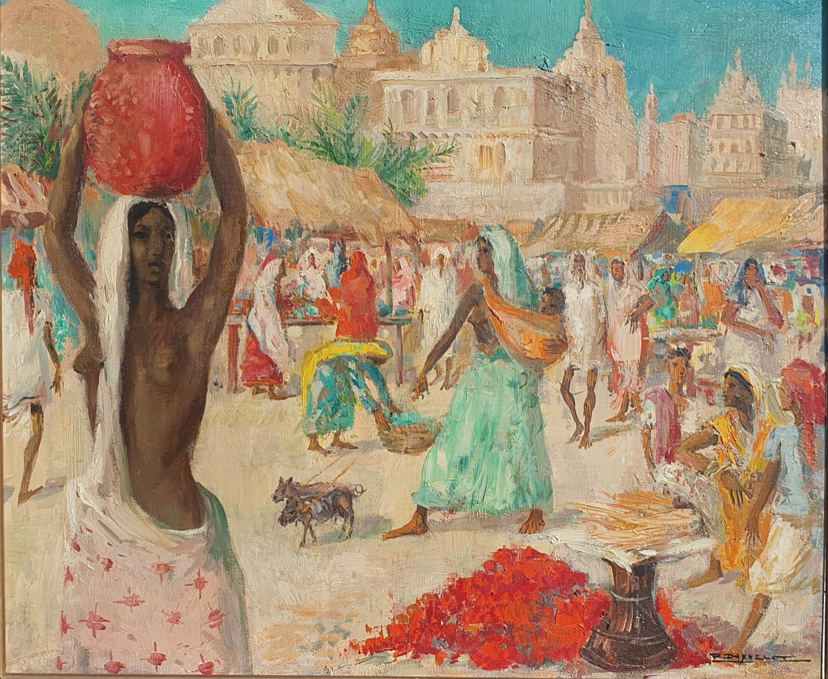 Paul Daxhelet (1905-1993) Marché à Bénares Tableau Inde Peintre Voyageur Belge