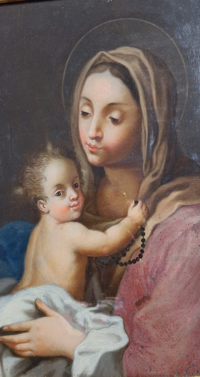 Paire de fixés sous verre Religieux XVIIIe époque Louis XV Vierge à L’enfant -photo-4
