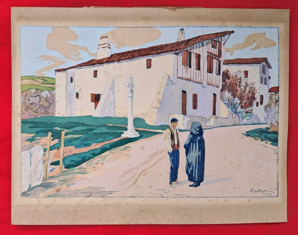 Louis Floutier (1882-1936) Gouache Stencil Basque Country-photo-2